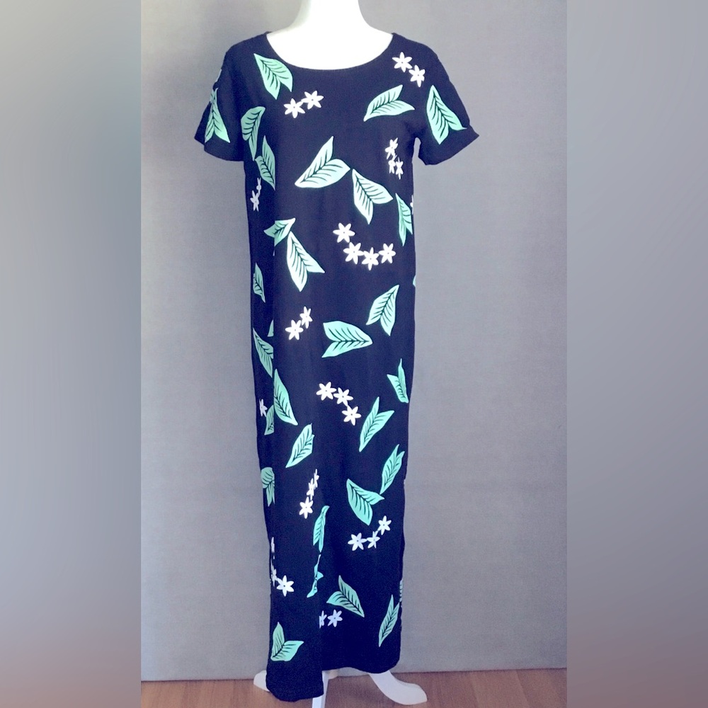 M.Mac Palm Leaves Black Ankle Length Cotton Dress Size Small